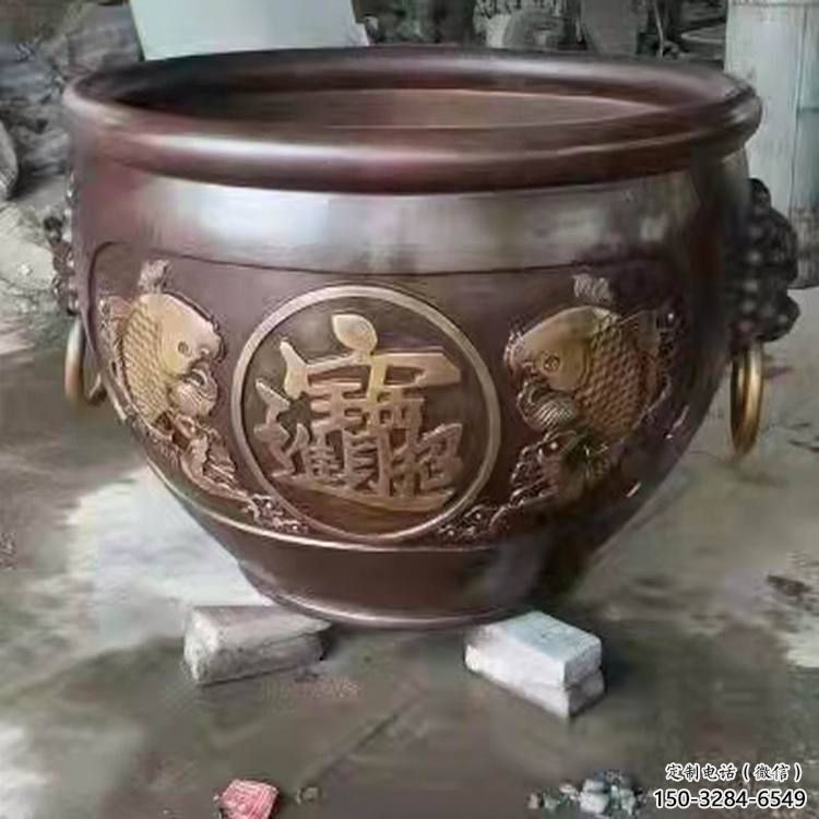 紫銅缸雕塑-金魚圖造型銅雕塑