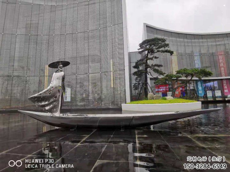 乘船人雕塑服務(wù)商，白鋼構(gòu)件，抽象不銹鋼乘船人雕塑定價(jià)