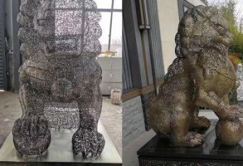 編織獅子雕塑定價，透雕動物雕塑，鏤空不銹鋼獅子雕塑